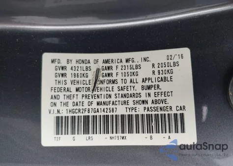 2016 Honda Accord Ex-L z USA, uszkodzony, nr VIN 1HGCR2F87GA142587